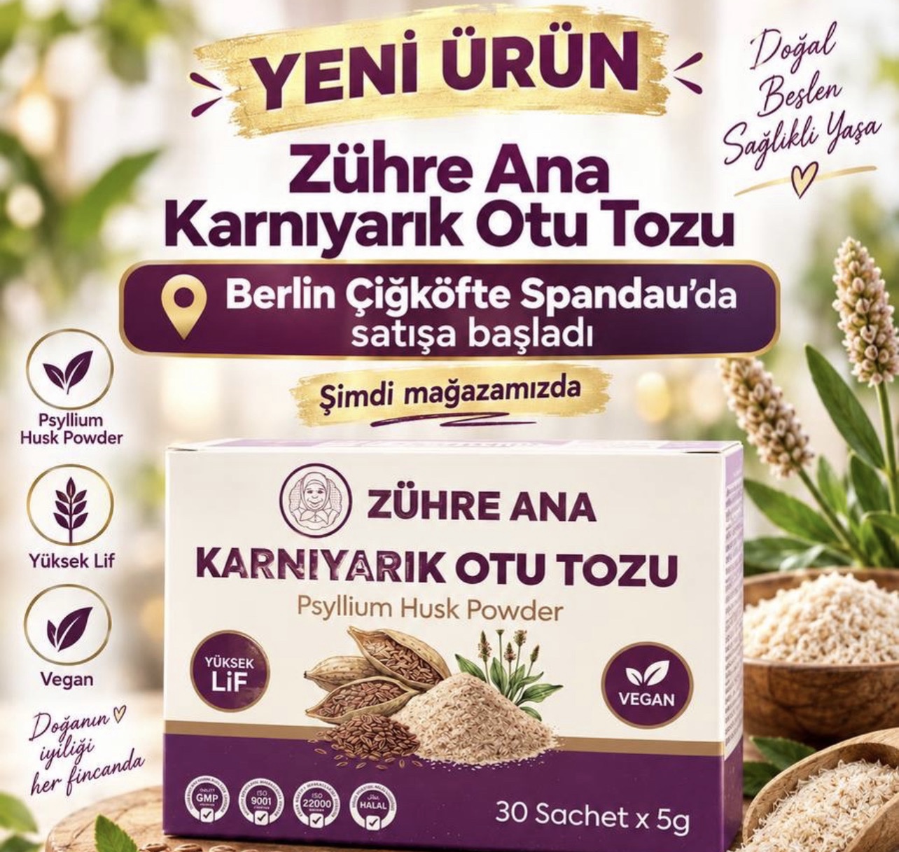 Zühre Ana Flohsamenpulver 100 % rein – Pflanzliches Pulver 30x5 g